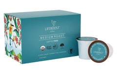 Lifeboost front packaging of 10-count K-Cups showing brand and roast benefits