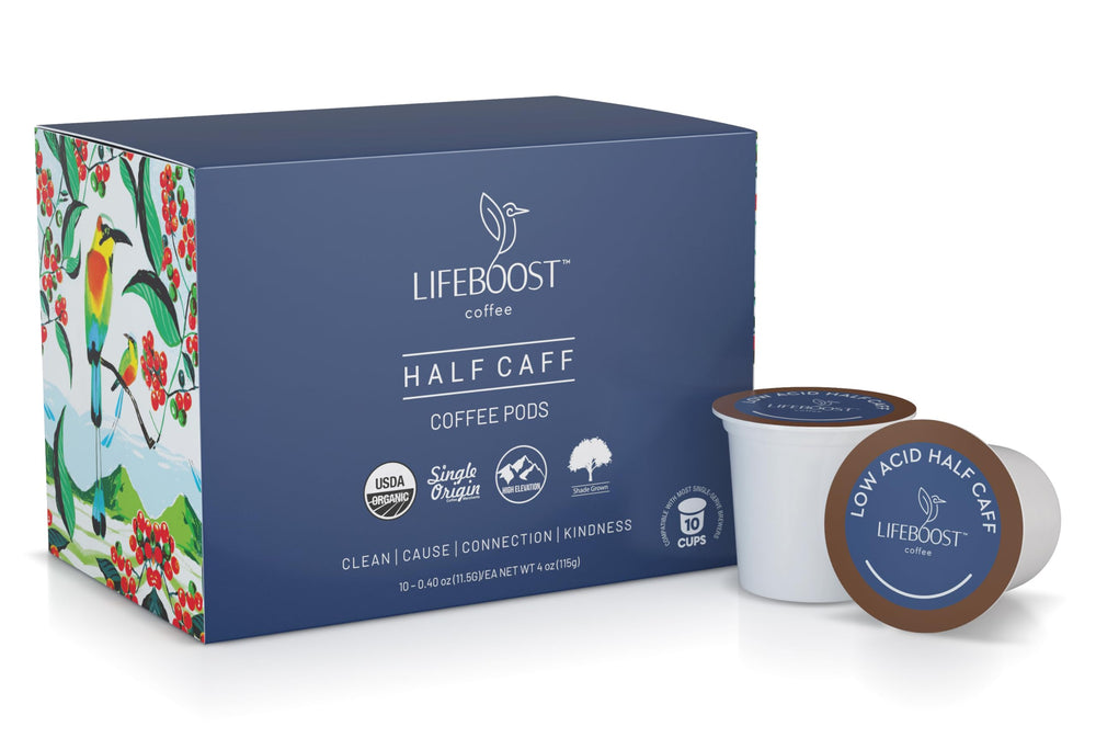 Lifeboost front packaging showing 10-count pods and product benefit of low-acid taste