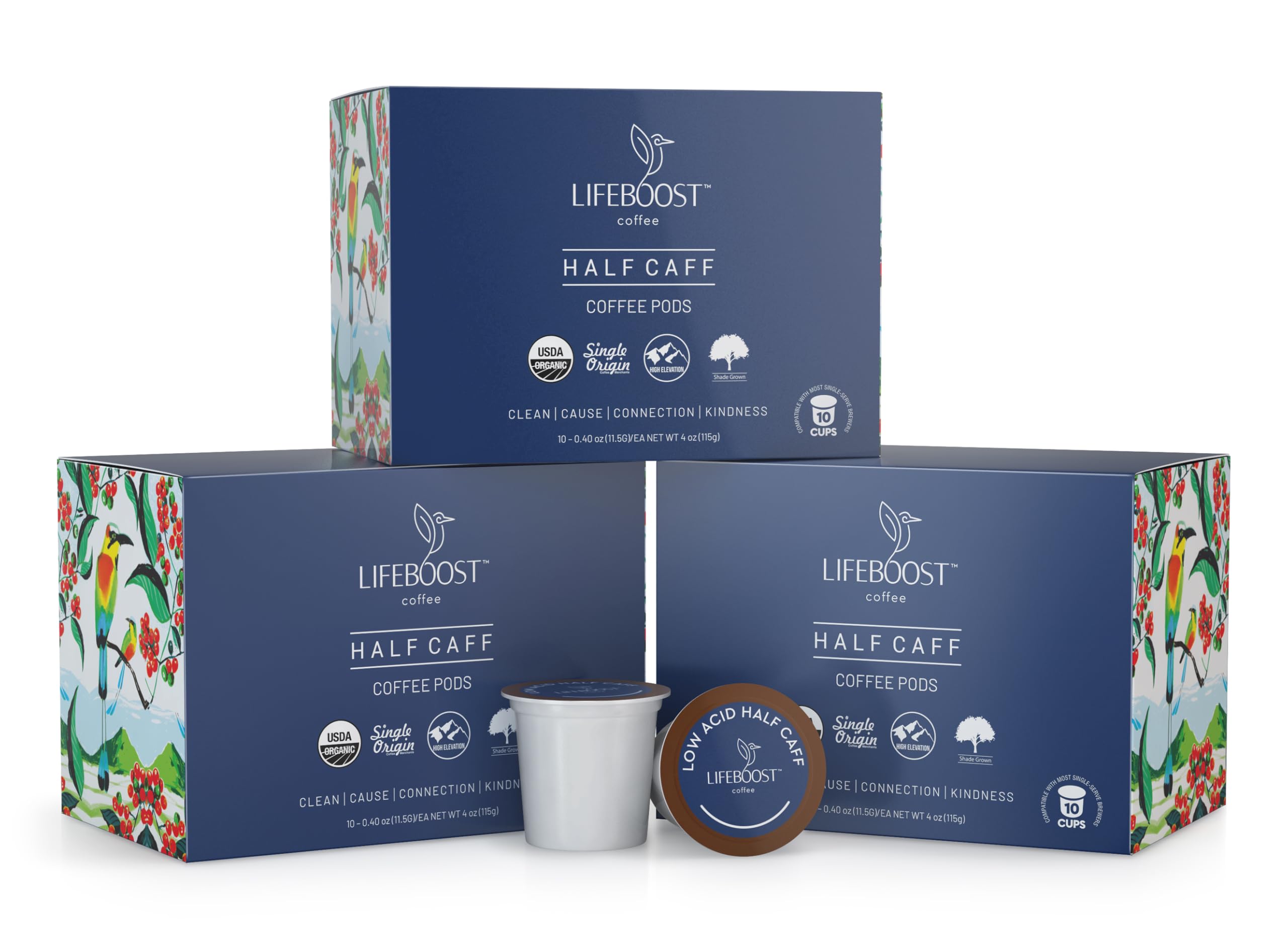 Lifestyle kitchen scene with Lifeboost pods showing everyday enjoyment and low-acid comfort