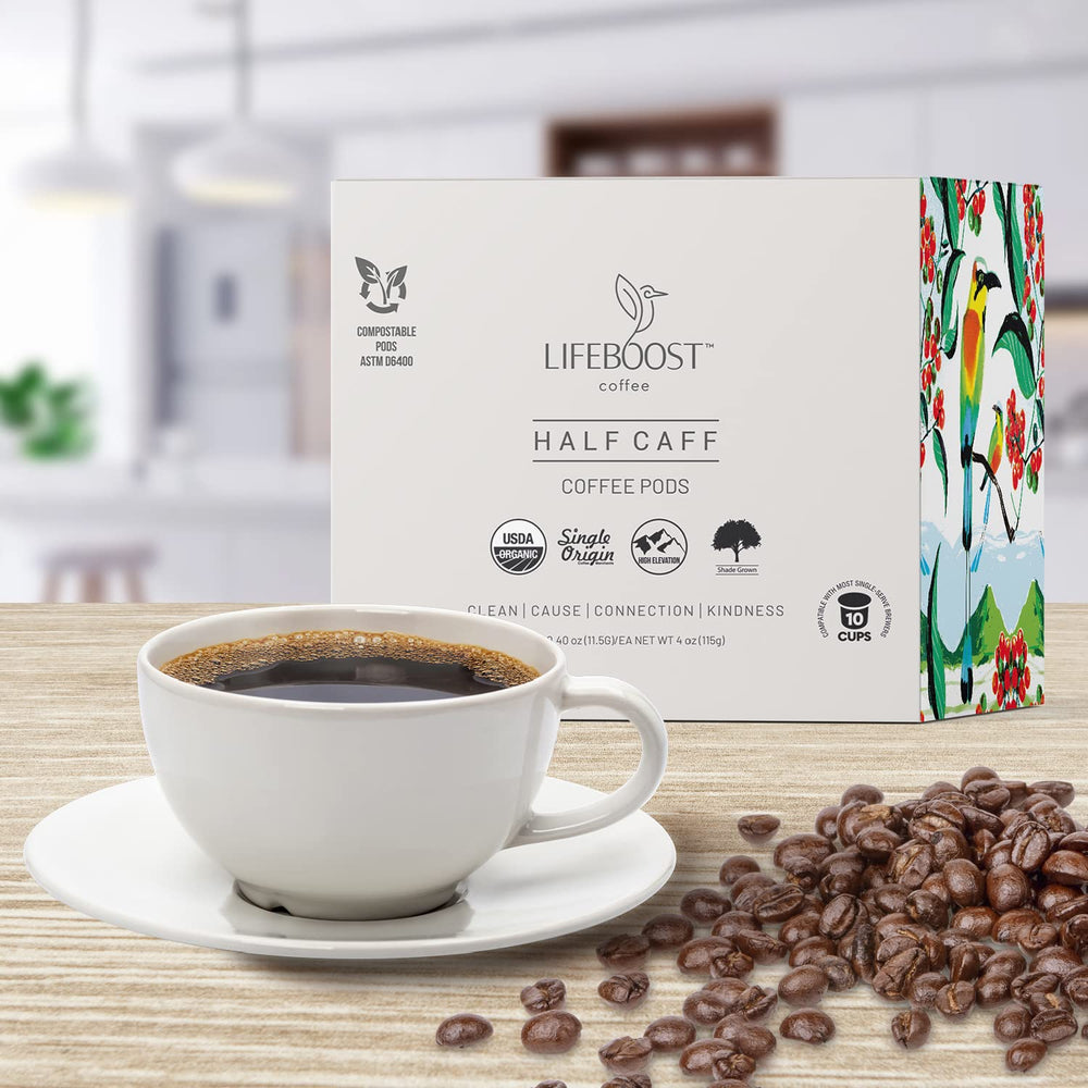 Lifeboost K-Cup seated in brewer demonstrating easy one-touch brewing convenience