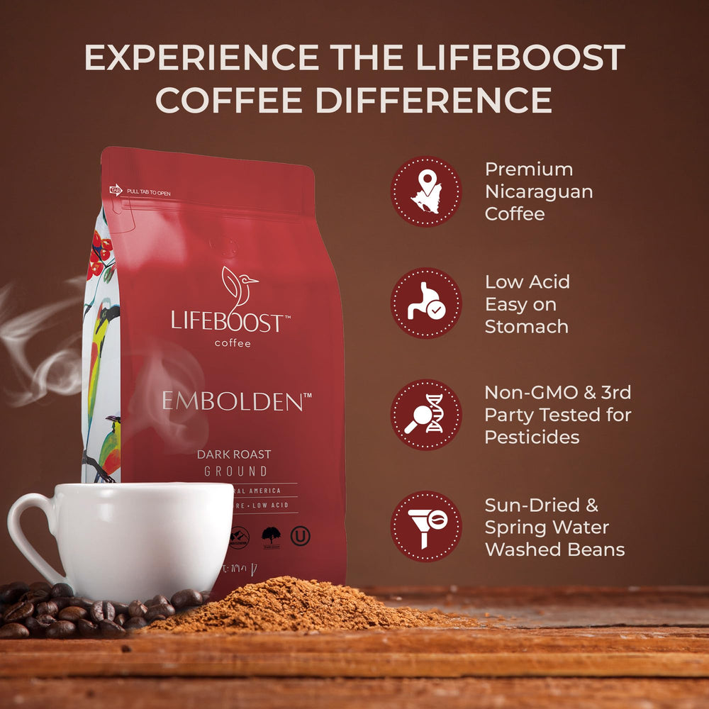 LIFEBOOST morning cup on kitchen counter conveying smooth flavor and easy enjoyment