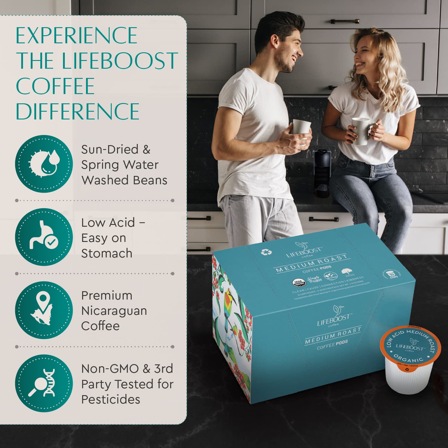 Lifeboost single K-Cup pod close-up showing durable seal and quick brewing benefit