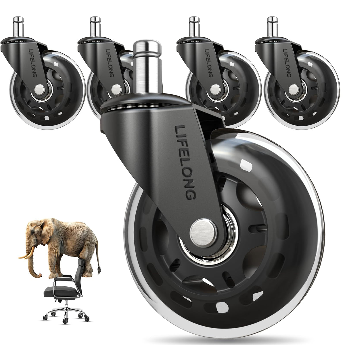 Lifelong front view of five-pack casters showing durable build and compact packaging benefit