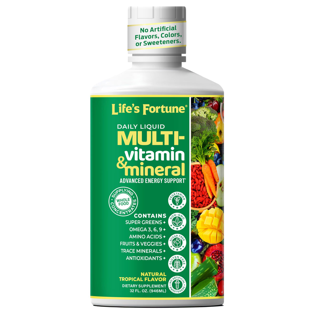 Life's Fortune front packaging showing 32 oz bottle and tropical label benefits