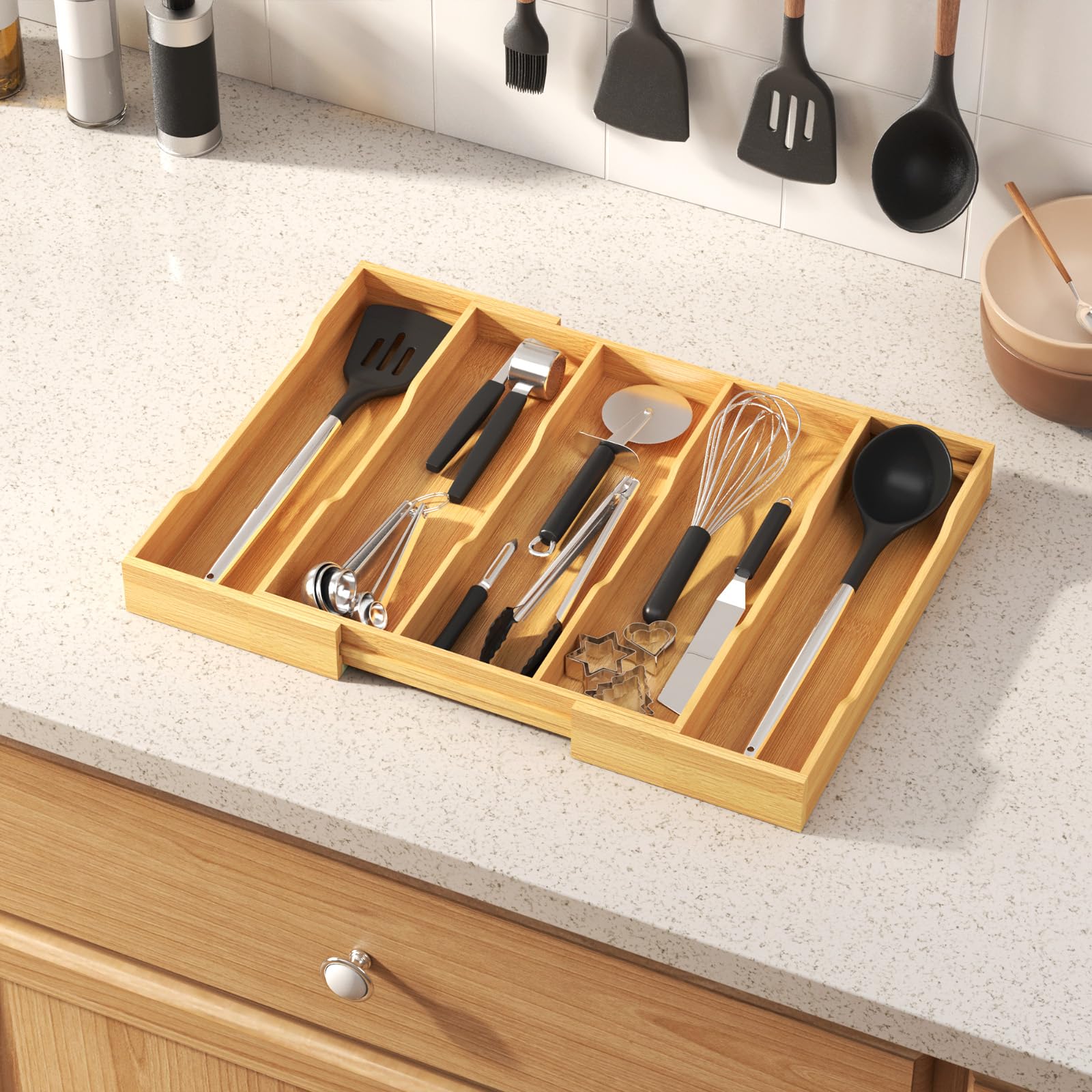 Lifewit bamboo organizer expanded to full width for extra utensil storage benefit
