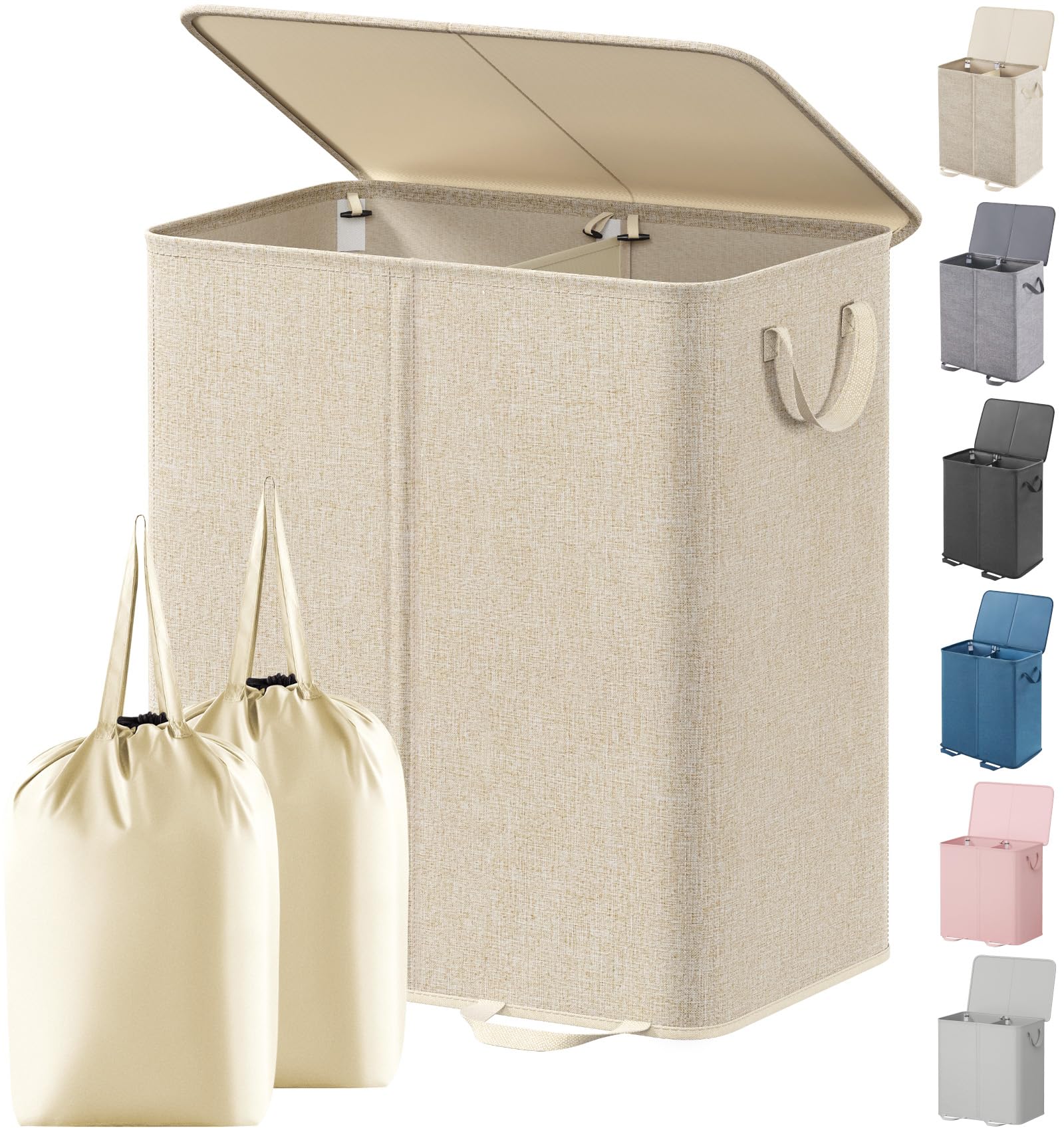 Lifewit double laundry hamper front view showing split compartments and concealed lid for tidy storage