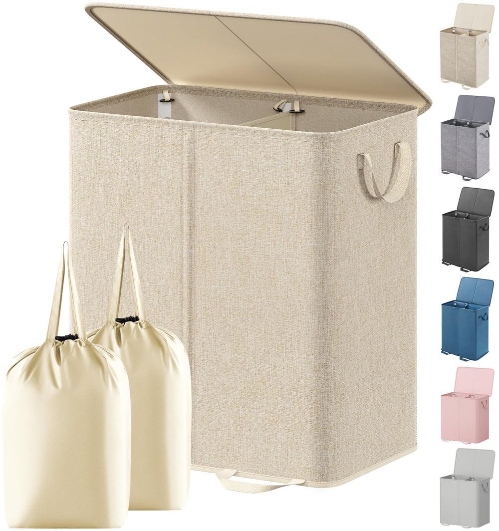 Lifewit double laundry hamper front view showing split compartments and concealed lid for tidy storage