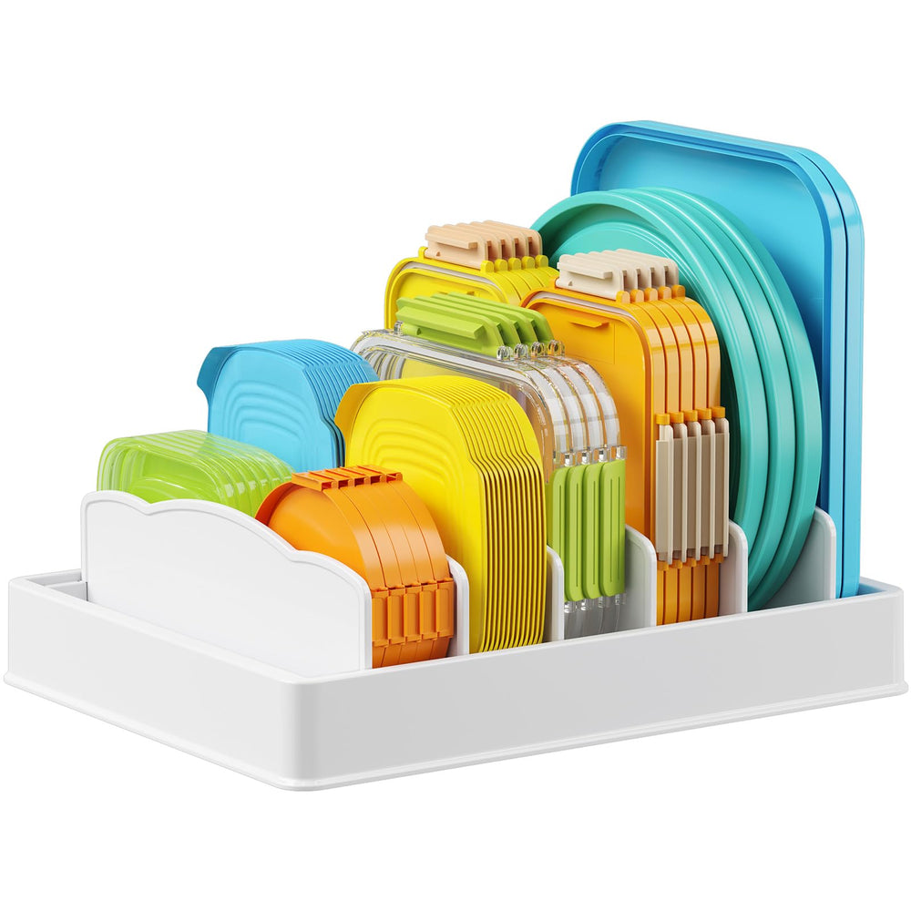 Lifewit organizer front view showing neat lid storage and saved cabinet space