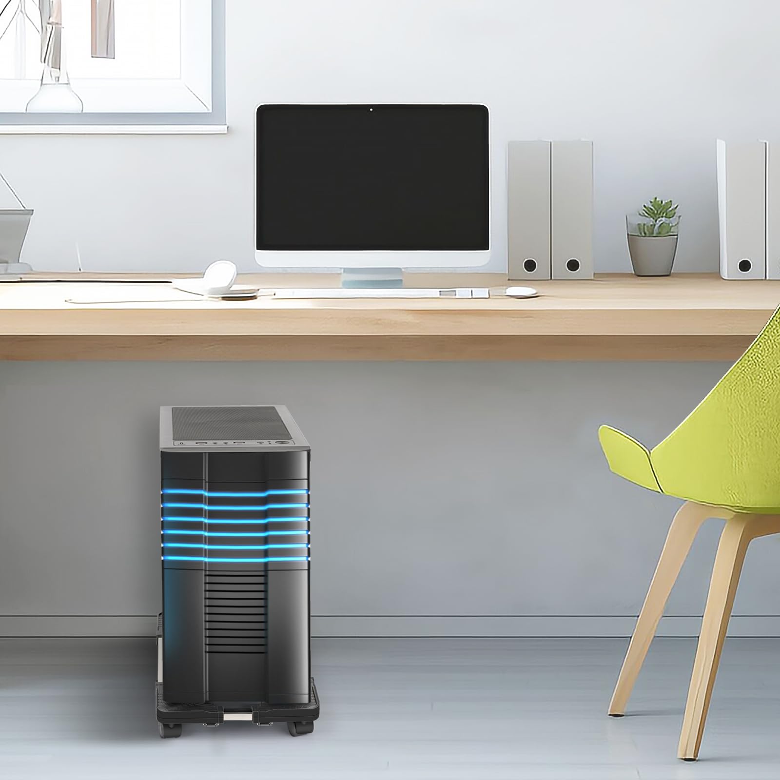 Liitrton scale comparison next to desk showing size and space-saving advantage for workspace