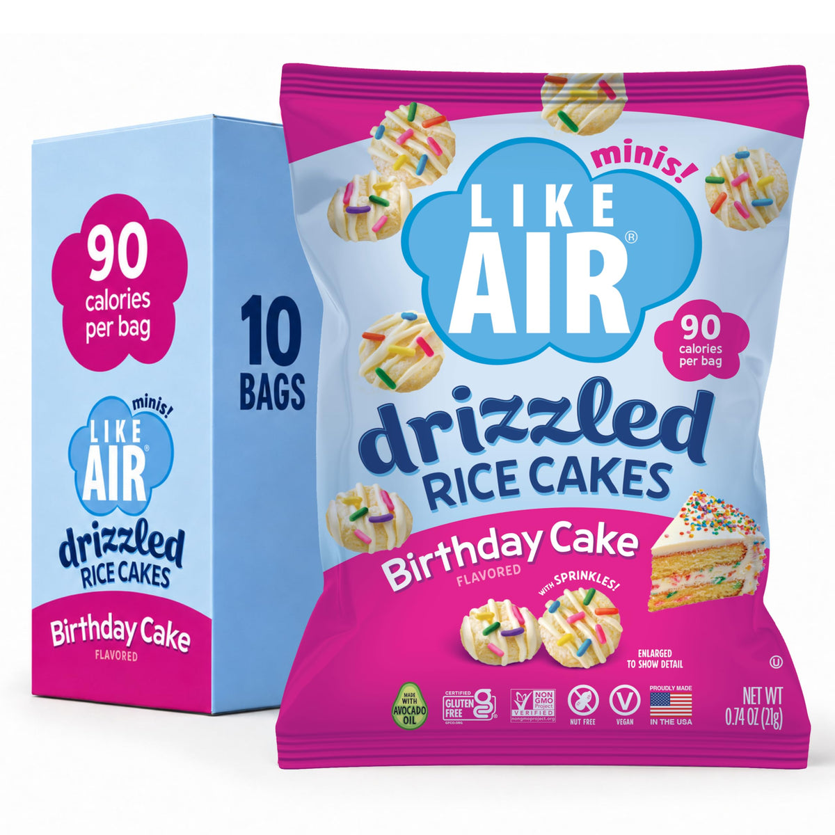 Like Air front box view showing package design and portioned snack convenience