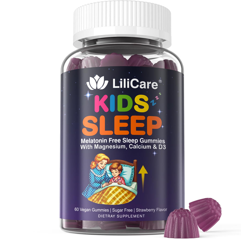 LILICARE front packaging showing kids sleep gummies, clear benefit of restful nights