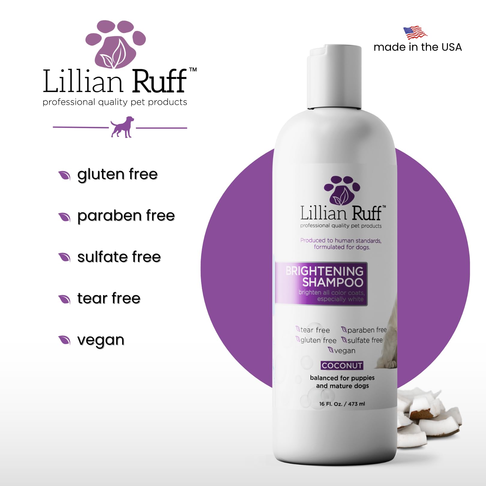 Lillian Ruff relaxed dog after bath illustrating softer fur and reduced odor