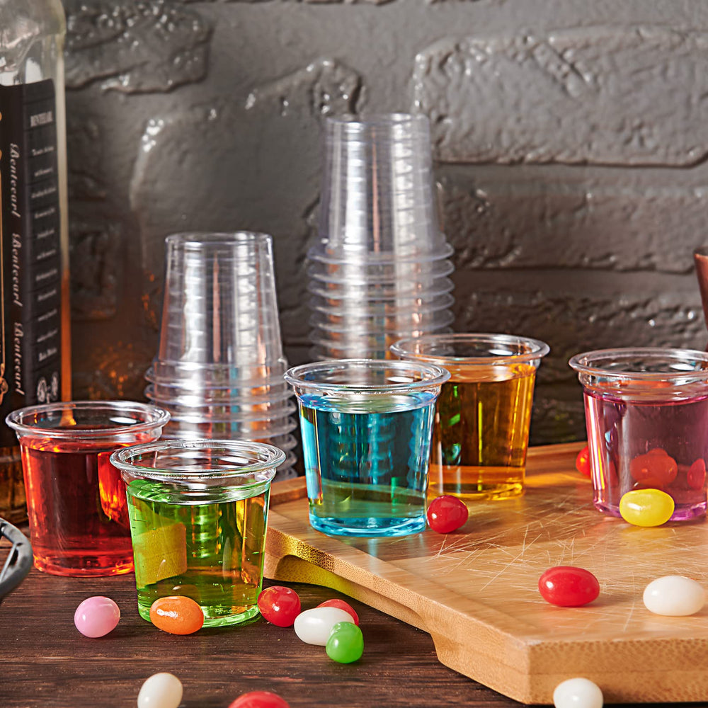 Lilymicky stacked disposable shot glasses illustrating easy storage and transport