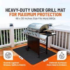 Linda's Essentials mat under a grill on deck protecting wood from grease and stains