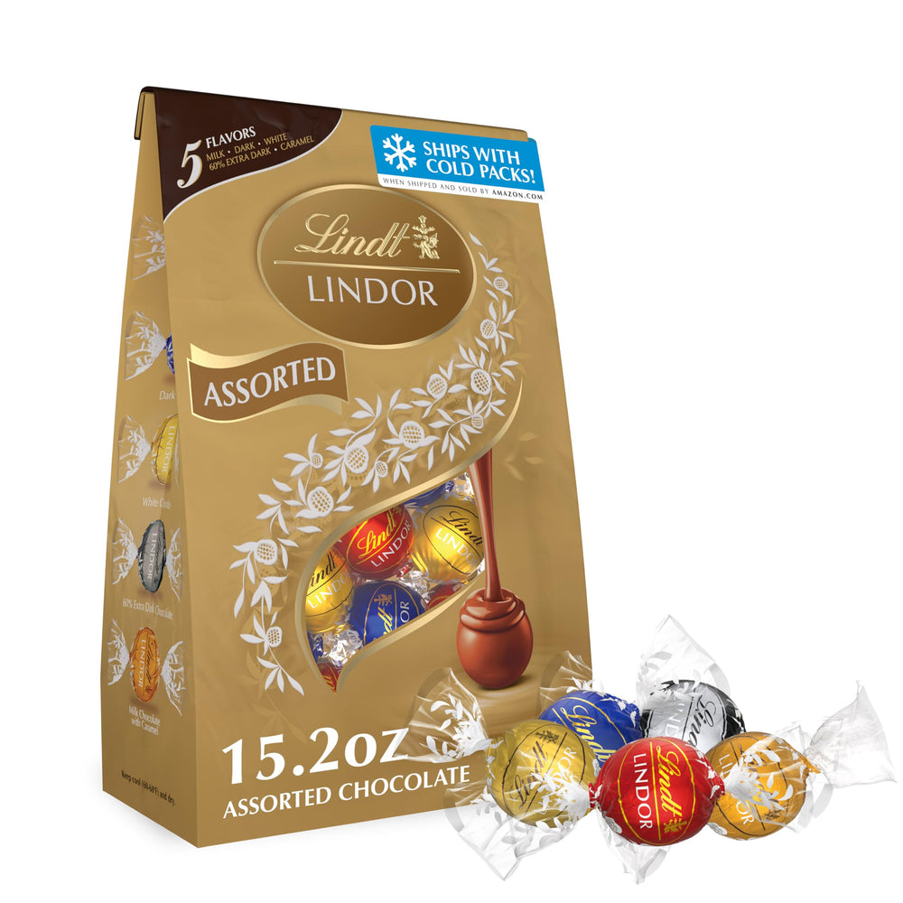Lindt LINDOR front packaging showing assorted truffle bag, premium gifting appeal