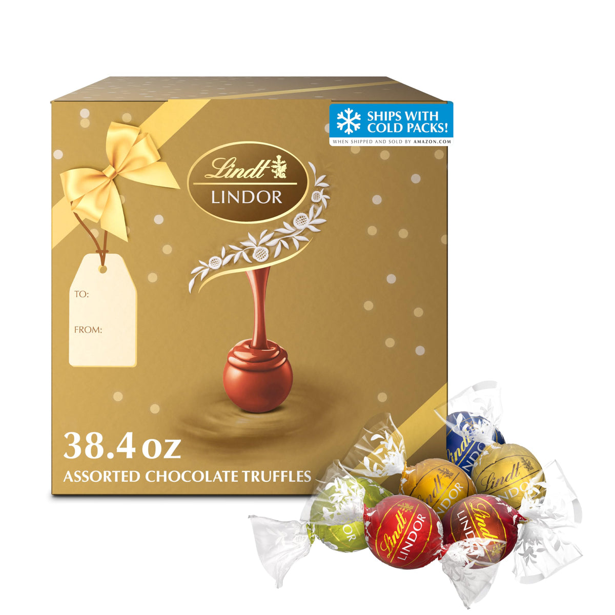 Lindt LINDOR gift box front view showing elegant packaging and variety benefit