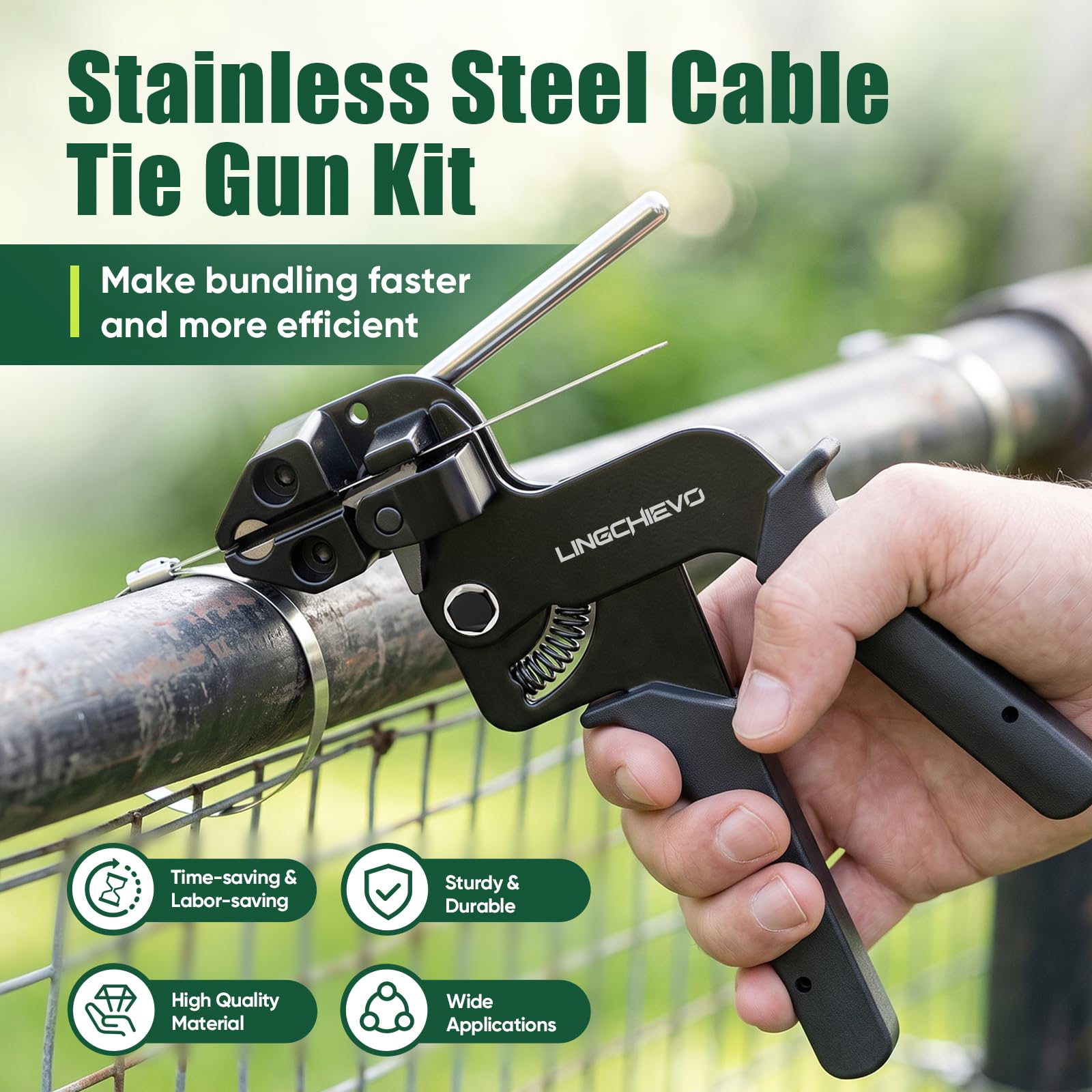 LingChievo gun tensioning a tie on a chain-link fence for reliable outdoor repair