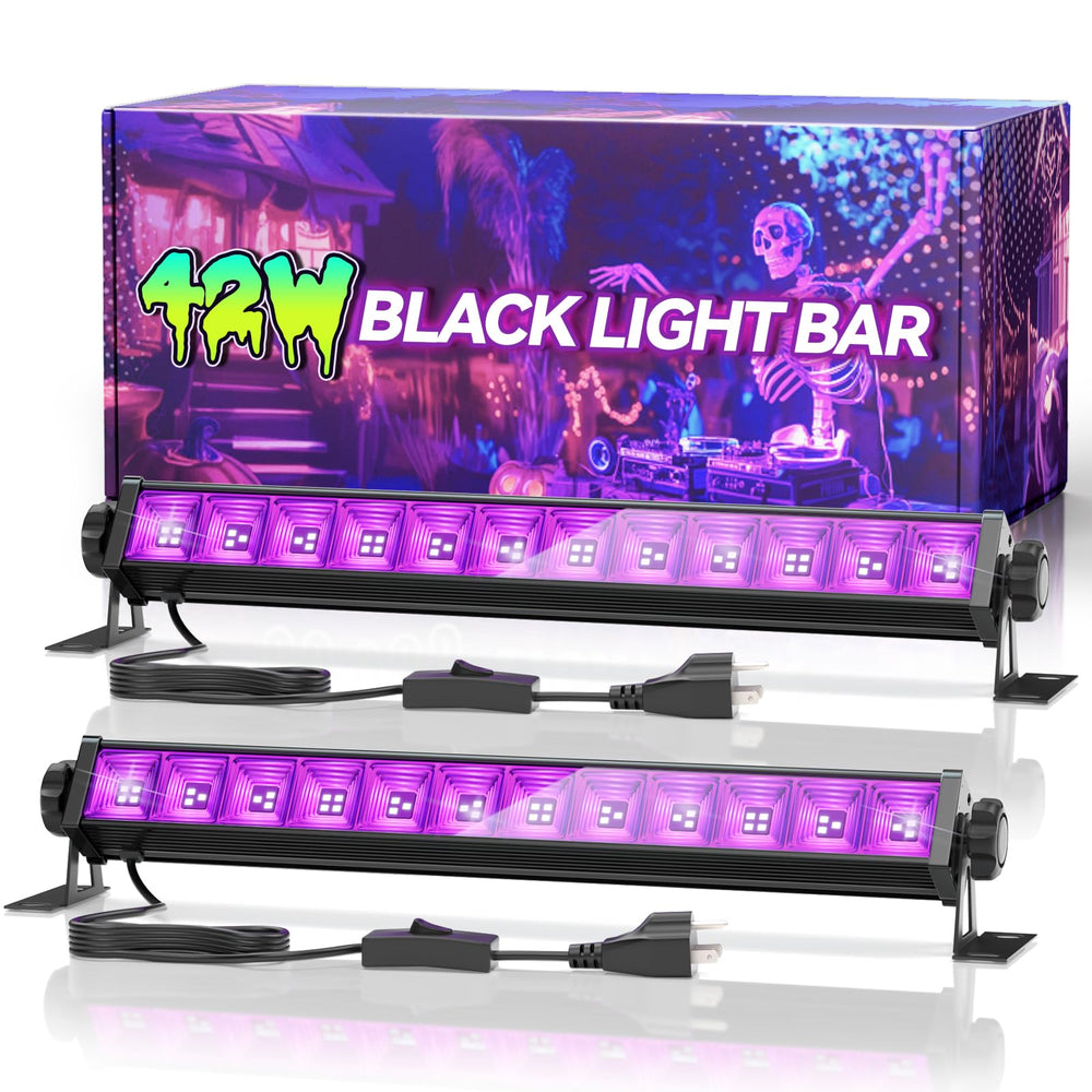 Linstaine front view of both black light bars highlighting strong glow effect