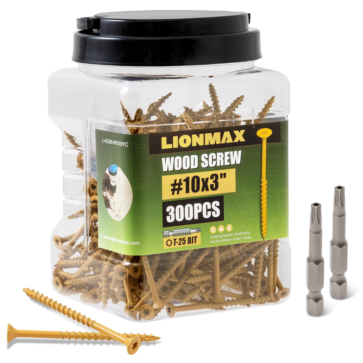LIONMAX front packaging showing 300 tan deck screws and label, durable storage