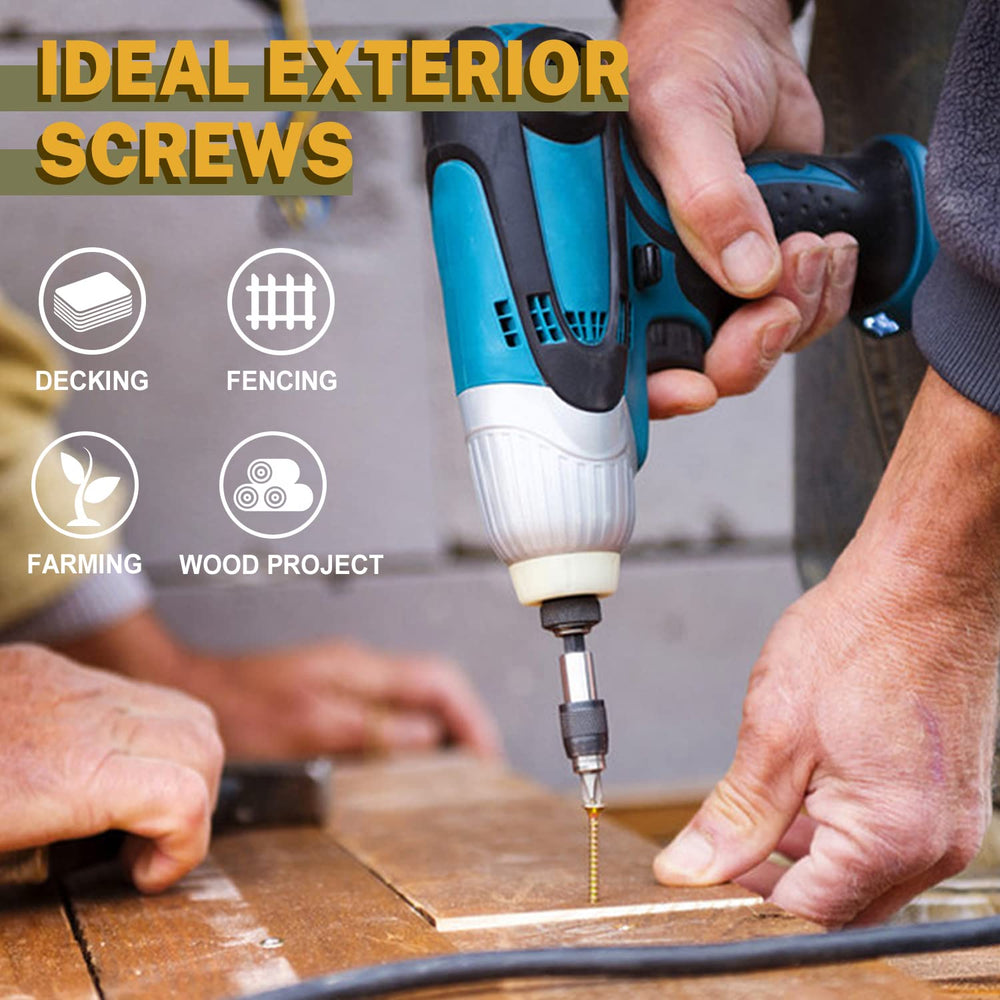 LIONMAX screws driven into deck board showing clean countersink and secure hold