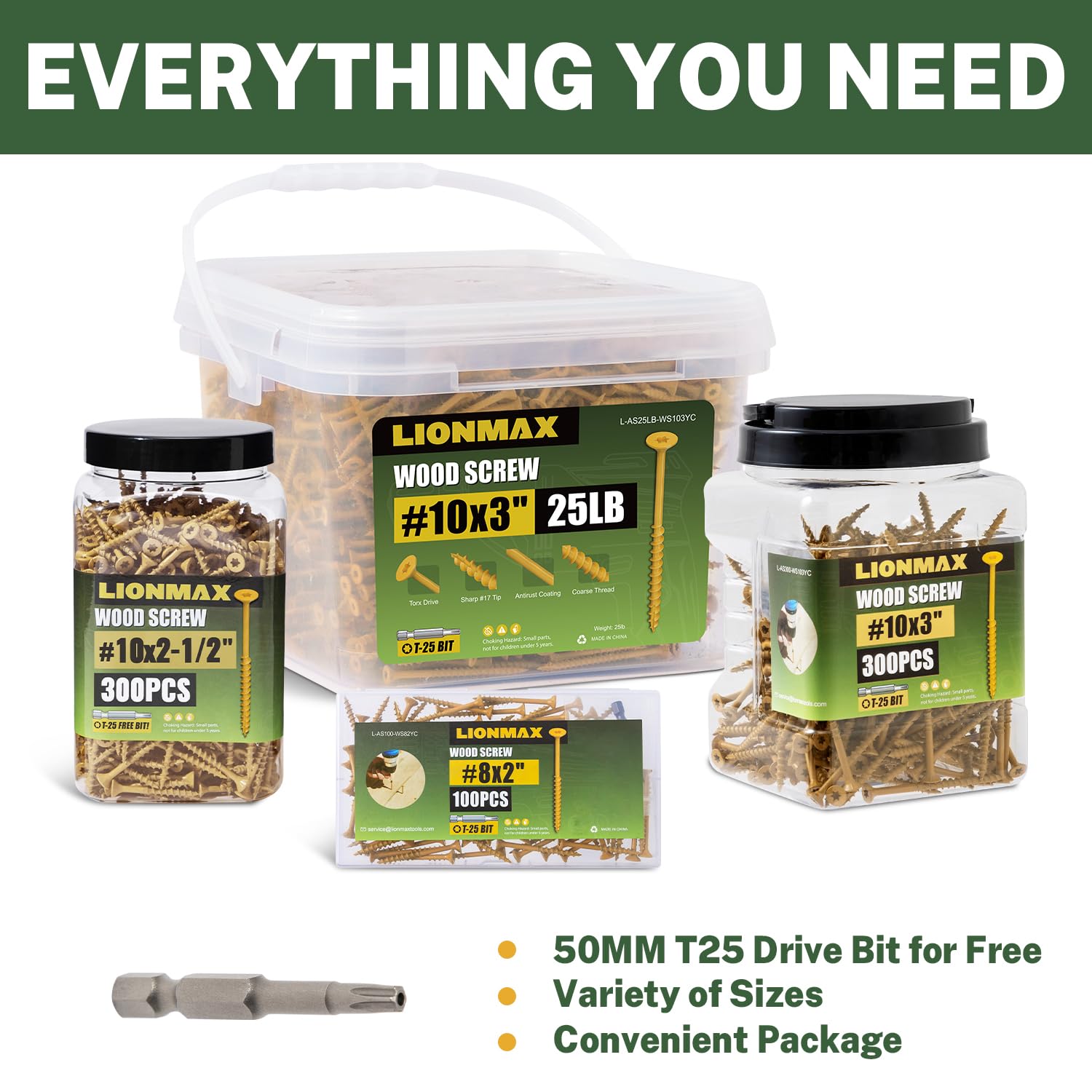 LIONMAX screws beside a ruler to show 3-inch length and exact size for projects