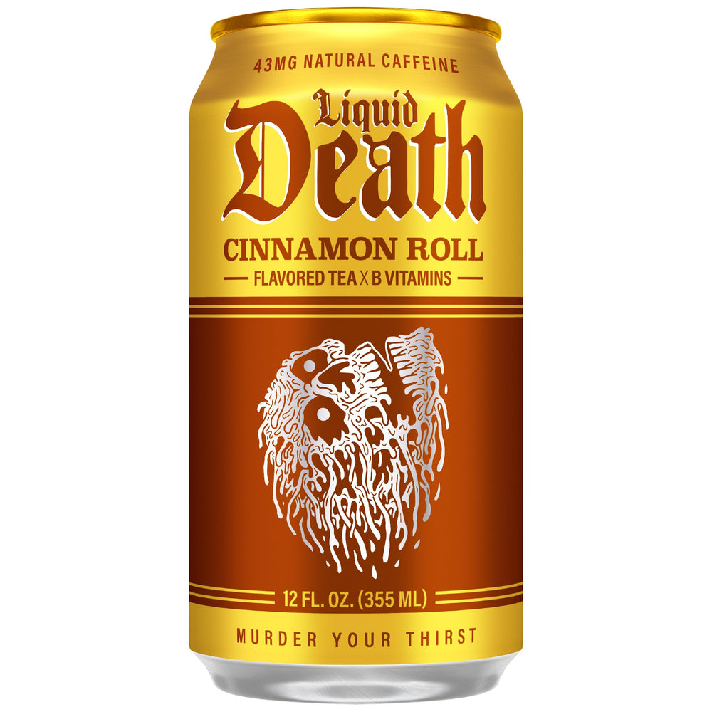 Liquid Death label close-up highlighting cinnamon notes and no artificial sweeteners