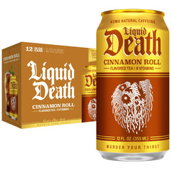 Liquid Death front can showing cinnamon roll flavor and low sugar benefit