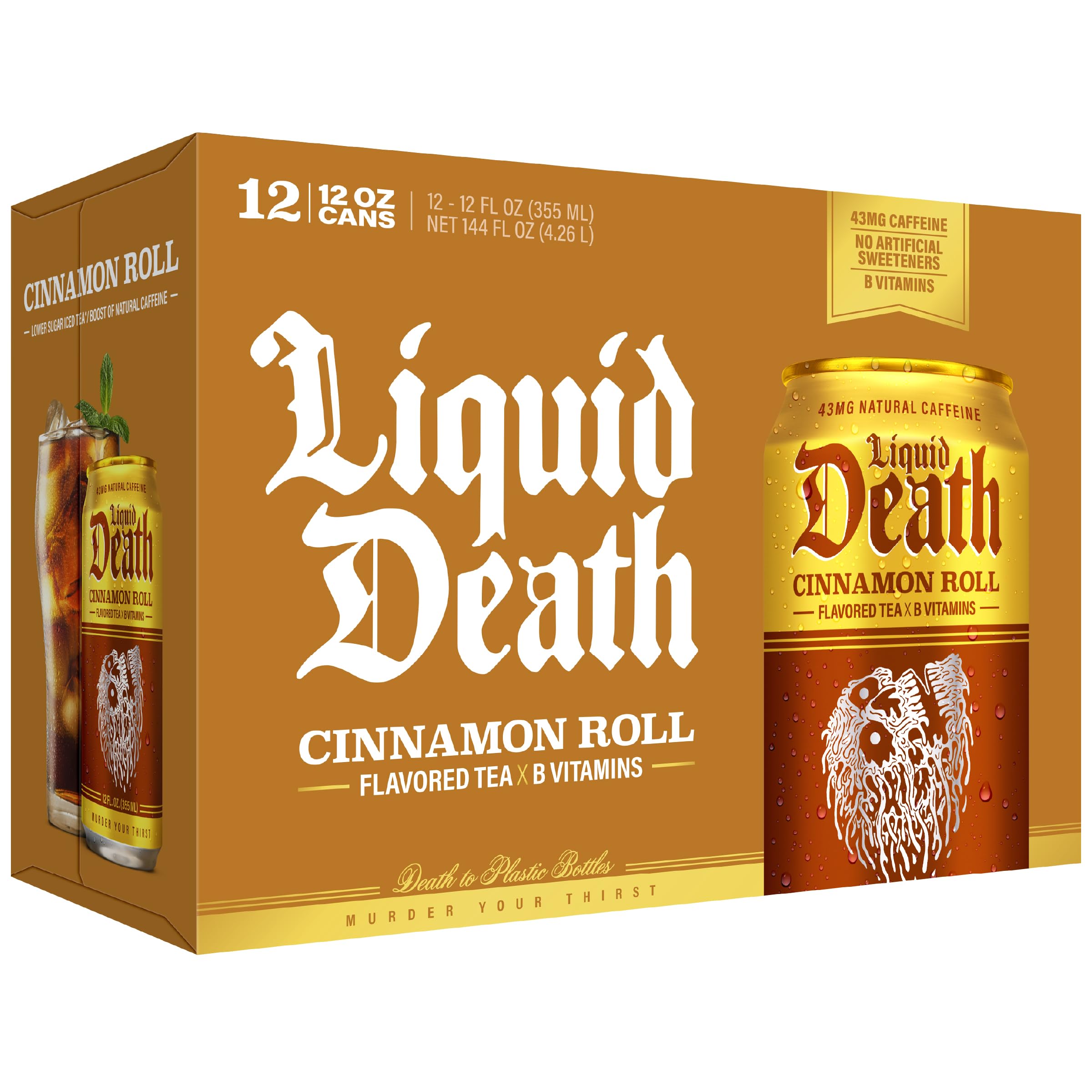 Twelve-pack of Liquid Death cans showing portability and recyclable cans