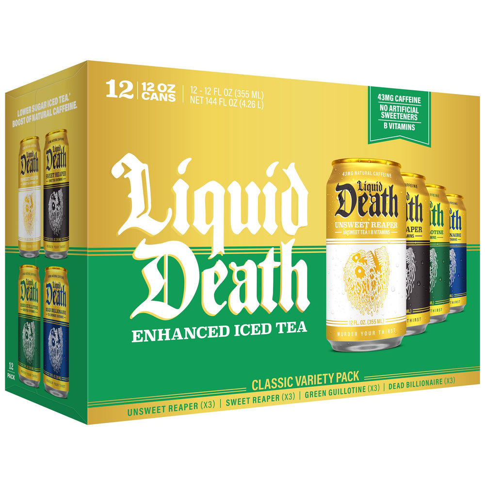 Liquid Death front packaging showing variety pack and low-sugar benefit