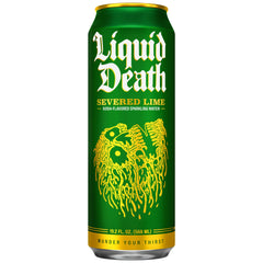 Liquid Death Severed Lime side label highlighting nutrition facts and recyclable can benefit