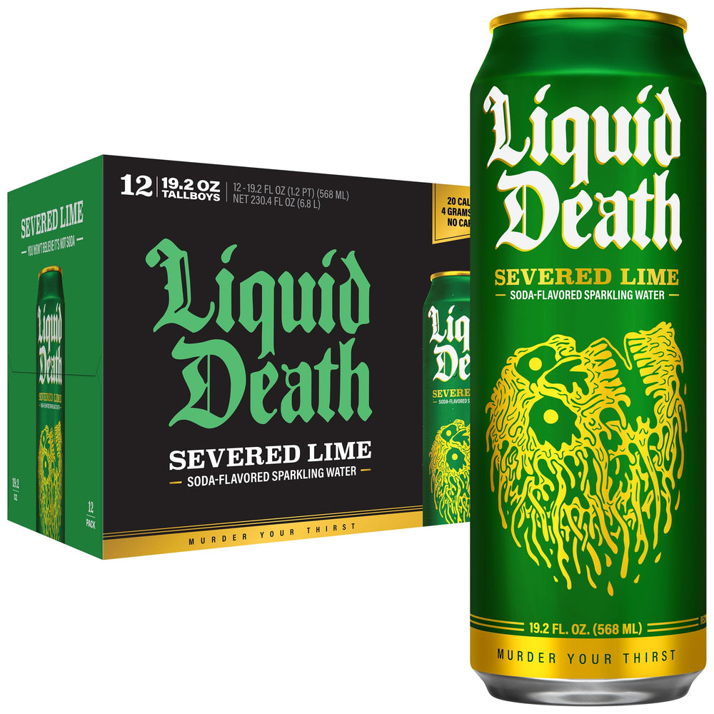 Liquid Death Severed Lime front can showing branding and bold lime soda appeal