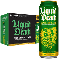 Liquid Death Severed Lime front can showing branding and bold lime soda appeal