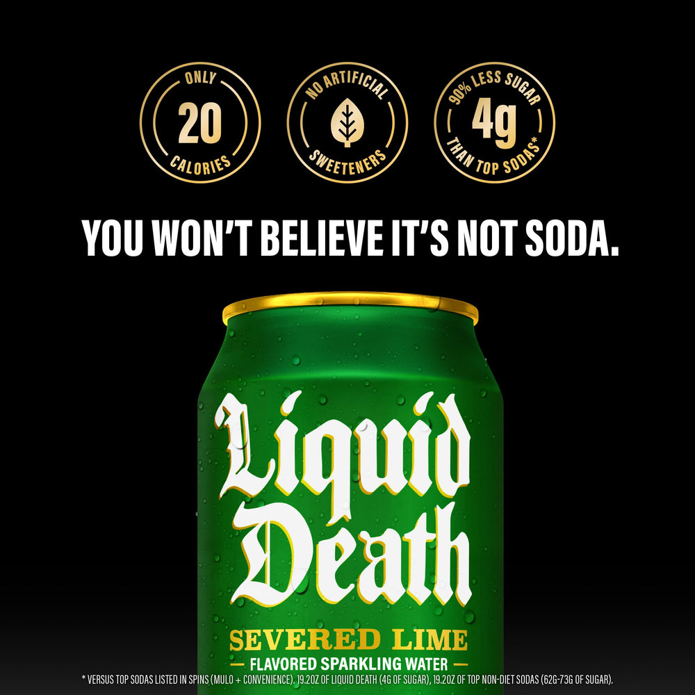Liquid Death Severed Lime can in hand conveying king-size 19.2 fl oz portion advantage