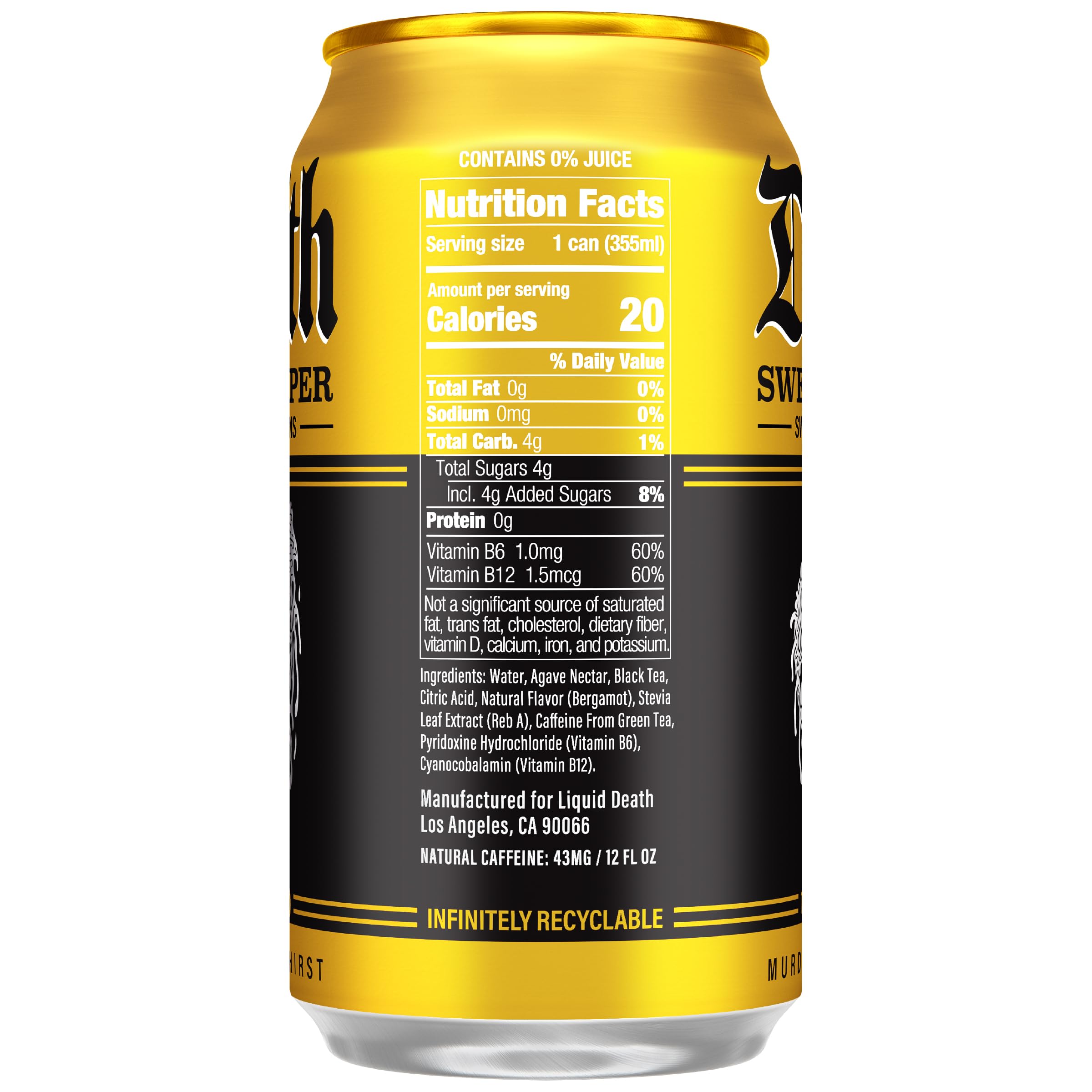 Liquid Death close-up of can label highlighting flavor and features
