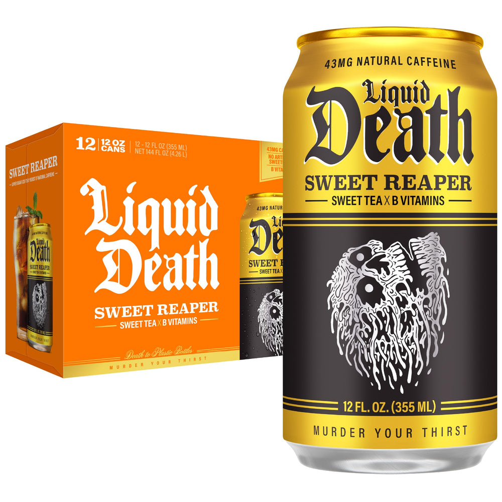 Liquid Death Sweet Reaper front can showing bold design and fewer calories