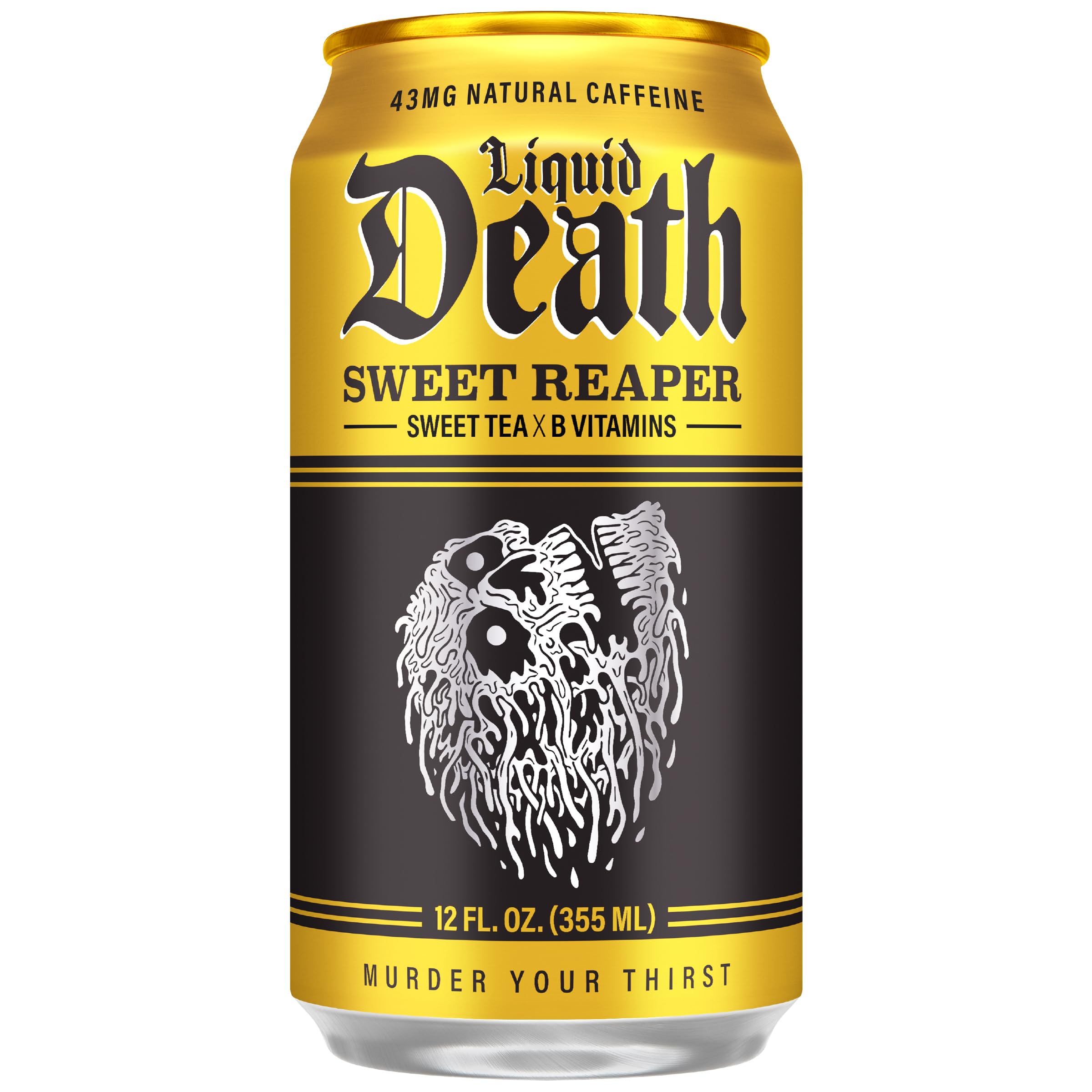 Liquid Death pouring Sweet Reaper into glass for refreshing tea enjoyment