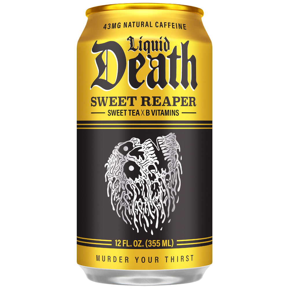 Liquid Death pouring Sweet Reaper into glass for refreshing tea enjoyment