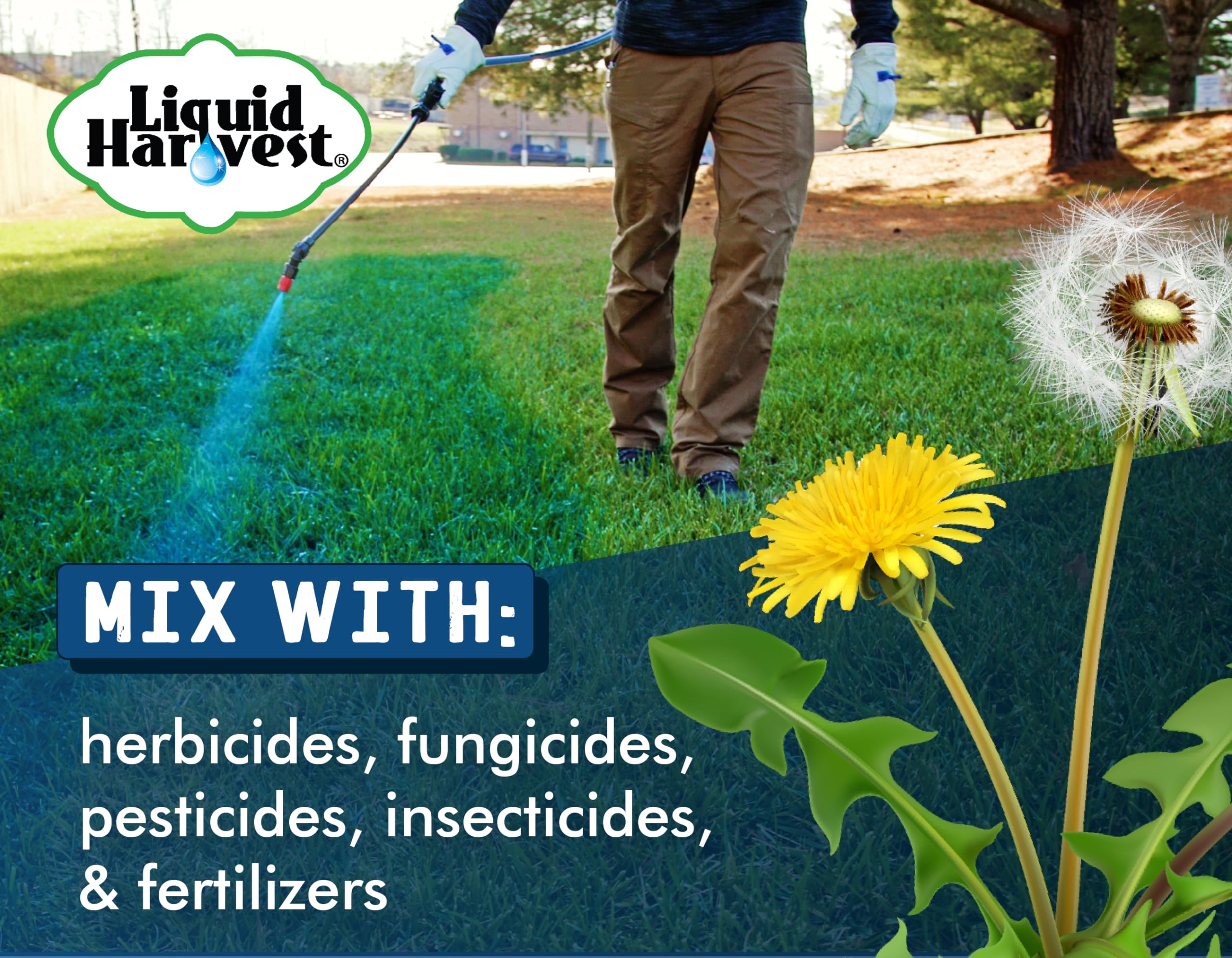 Liquid Harvest Lazer Blue diluted in sprayer tank showing even suspension
