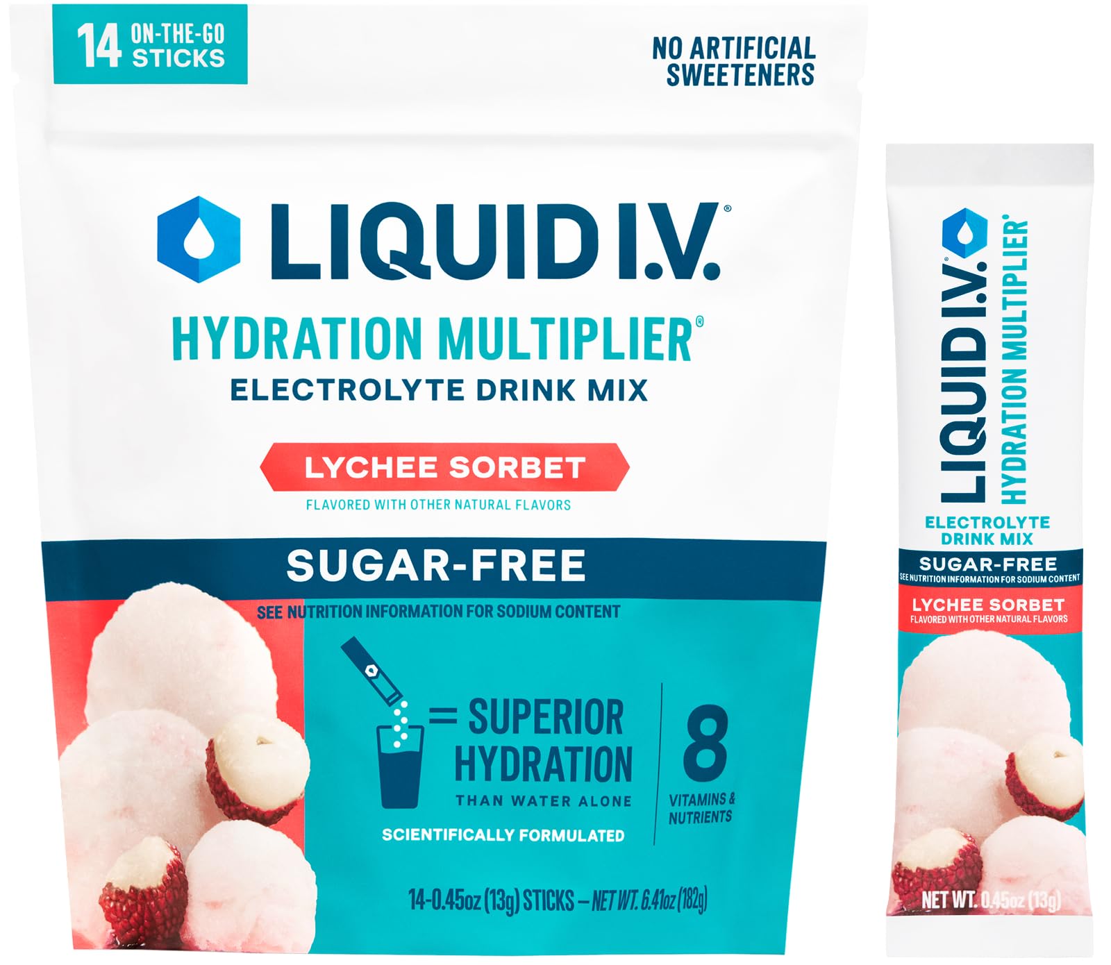 Liquid I.V. front packaging showing Lychee Sorbet and benefits