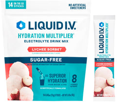 Liquid I.V. front packaging showing Lychee Sorbet and benefits