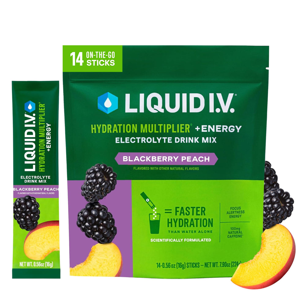 Liquid I.V. front packaging showing BlackBerry Peach 14-count for fast hydration