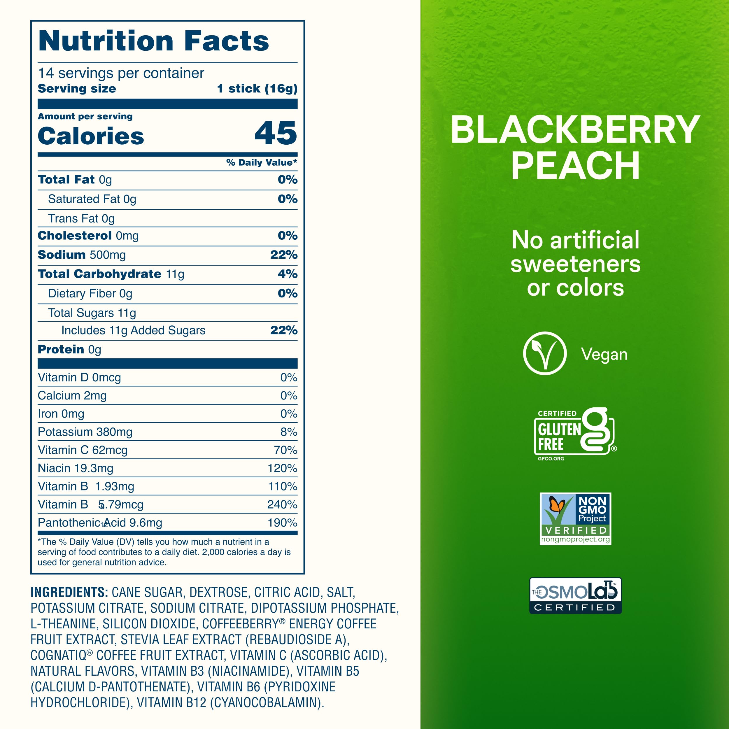 Close-up of Liquid I.V. BlackBerry Peach nutrition and ingredient label for transparency