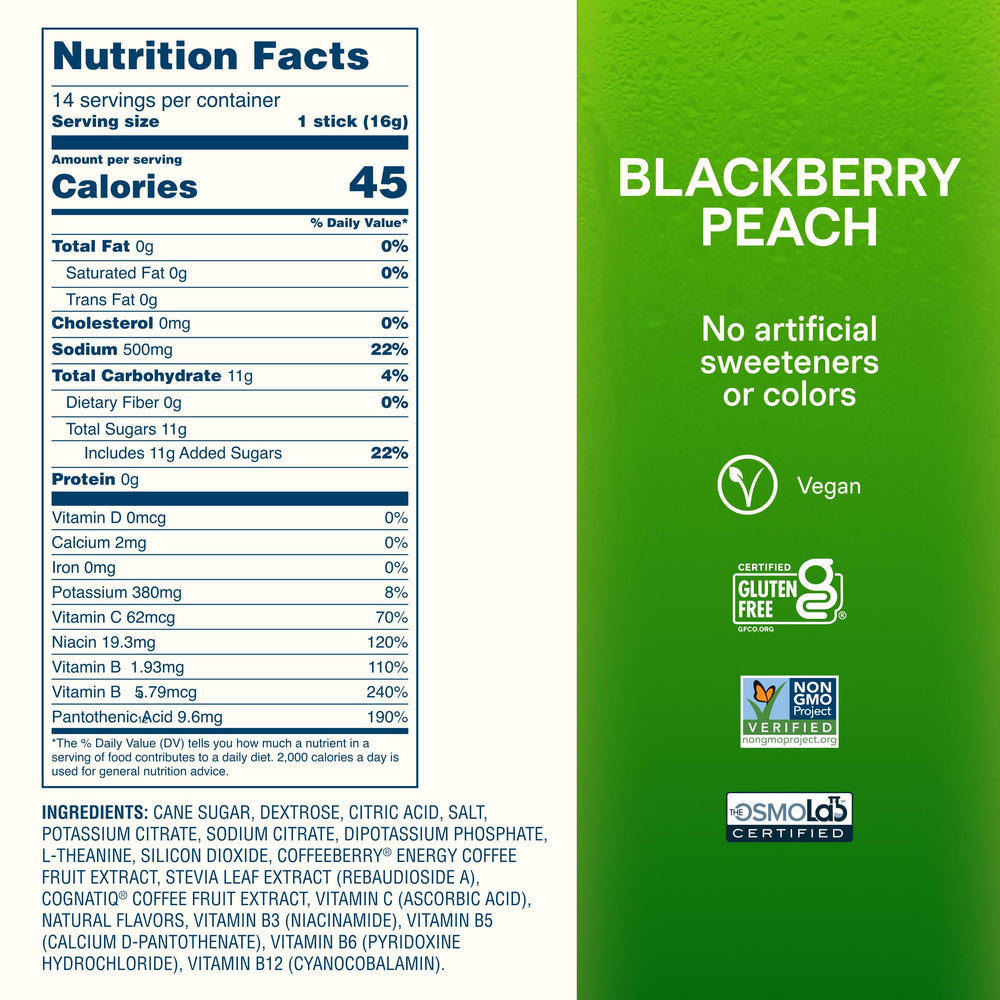 Close-up of Liquid I.V. BlackBerry Peach nutrition and ingredient label for transparency