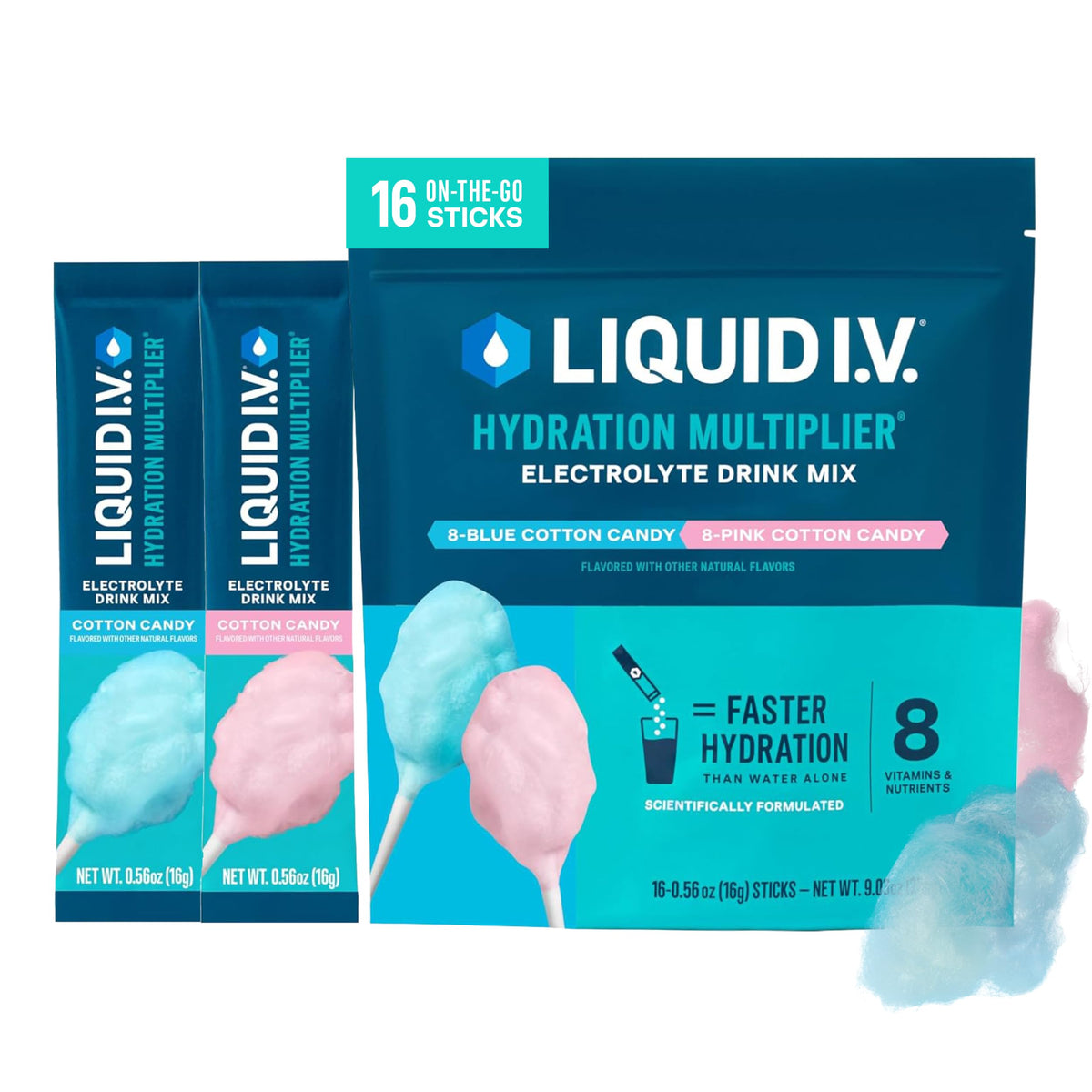 Liquid I.V. Cotton Candy front box showing pack design and servings benefit
