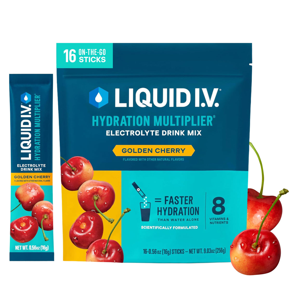 Liquid I.V. front box showing Golden Cherry flavor and pack benefits