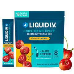 Liquid I.V. front box showing Golden Cherry flavor and pack benefits