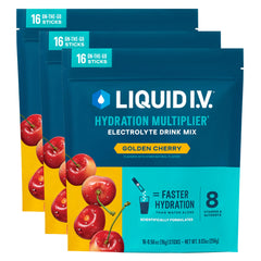 Liquid I.V. front packaging showing 48 golden cherry packets and convenience