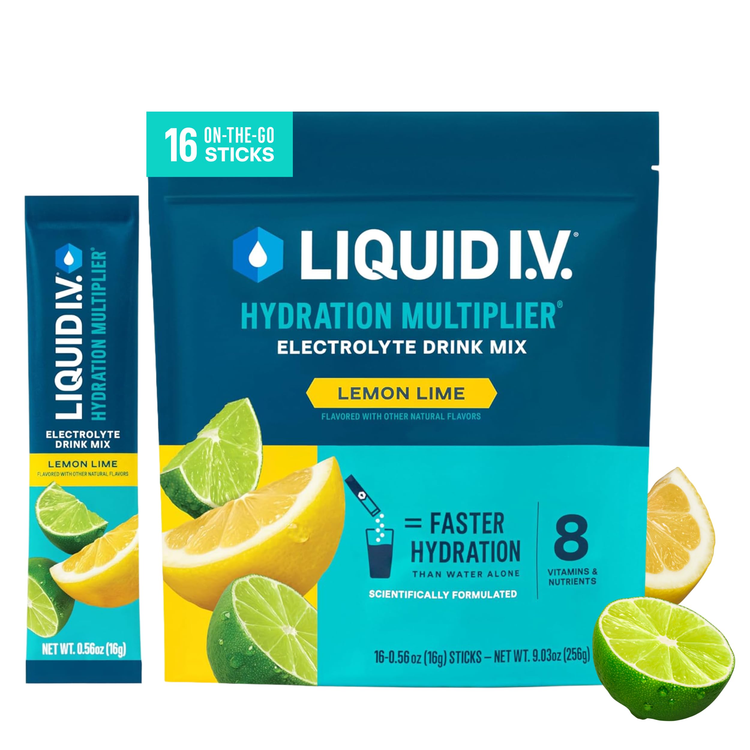 Liquid I.V. front pack shows Lemon Lime packets and serves benefit quick hydration