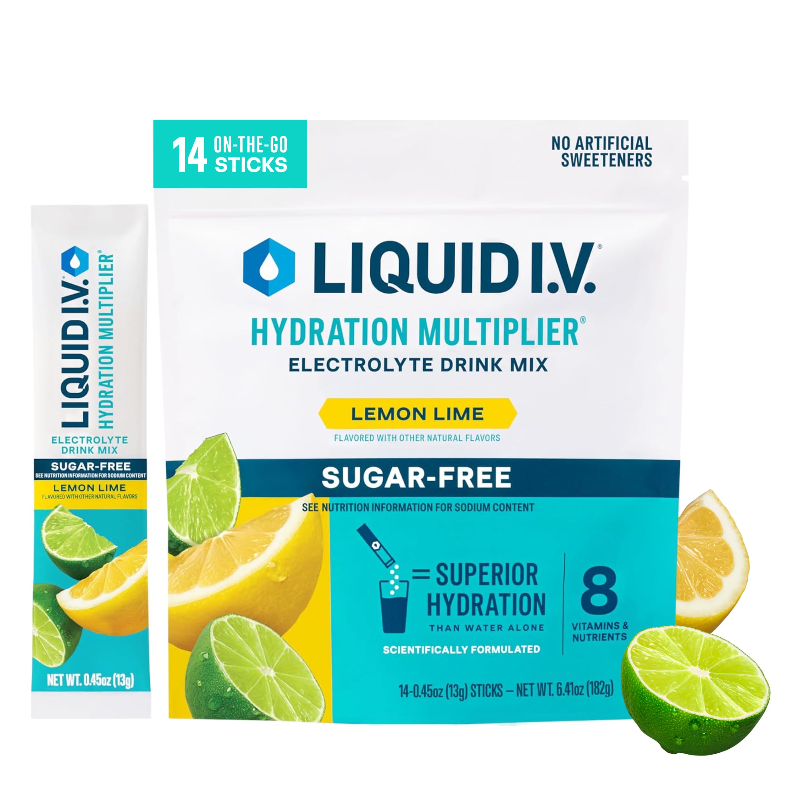 Liquid I.V. front packaging showing Lemon Lime packets and benefits