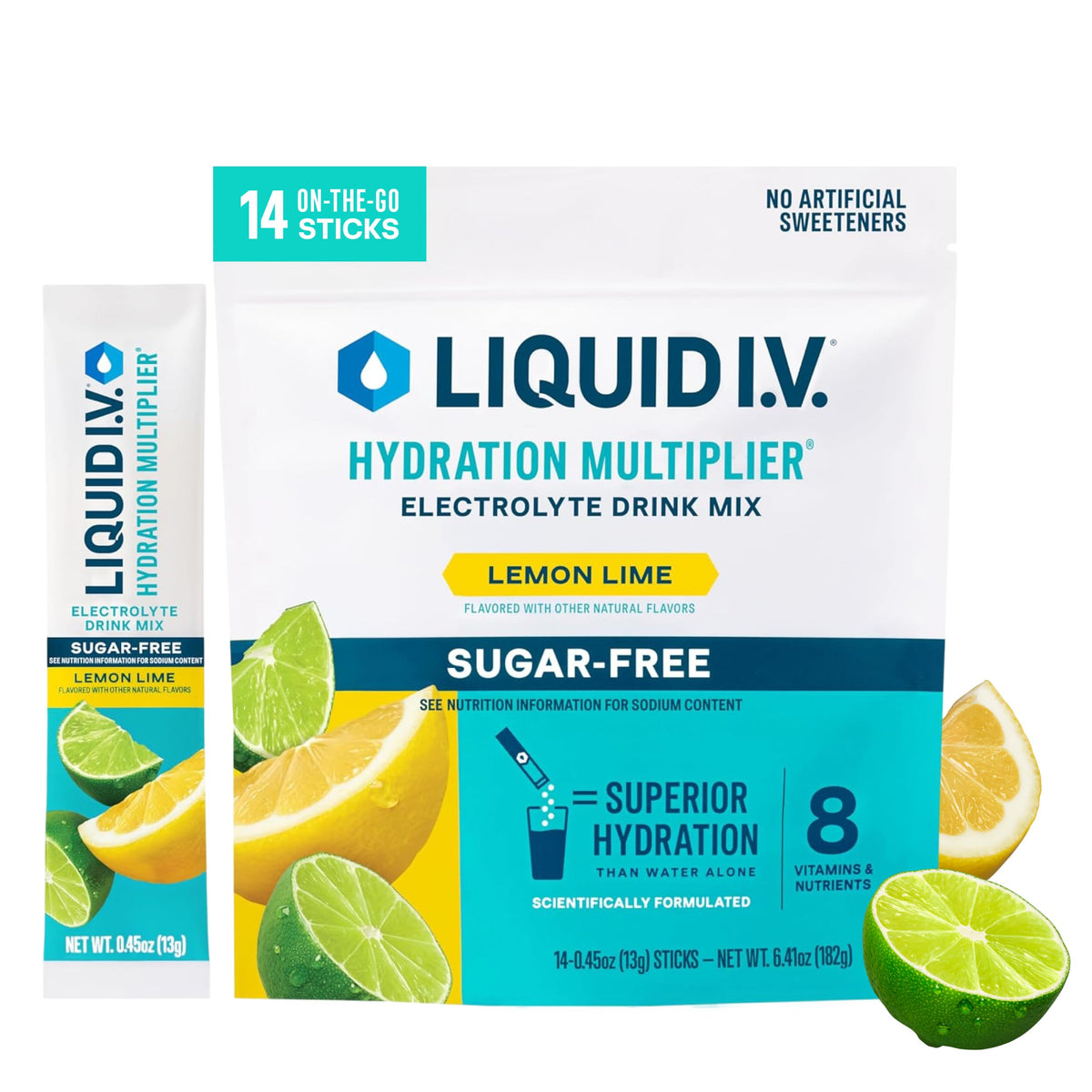 Liquid I.V. front packaging showing Lemon Lime packets and benefits